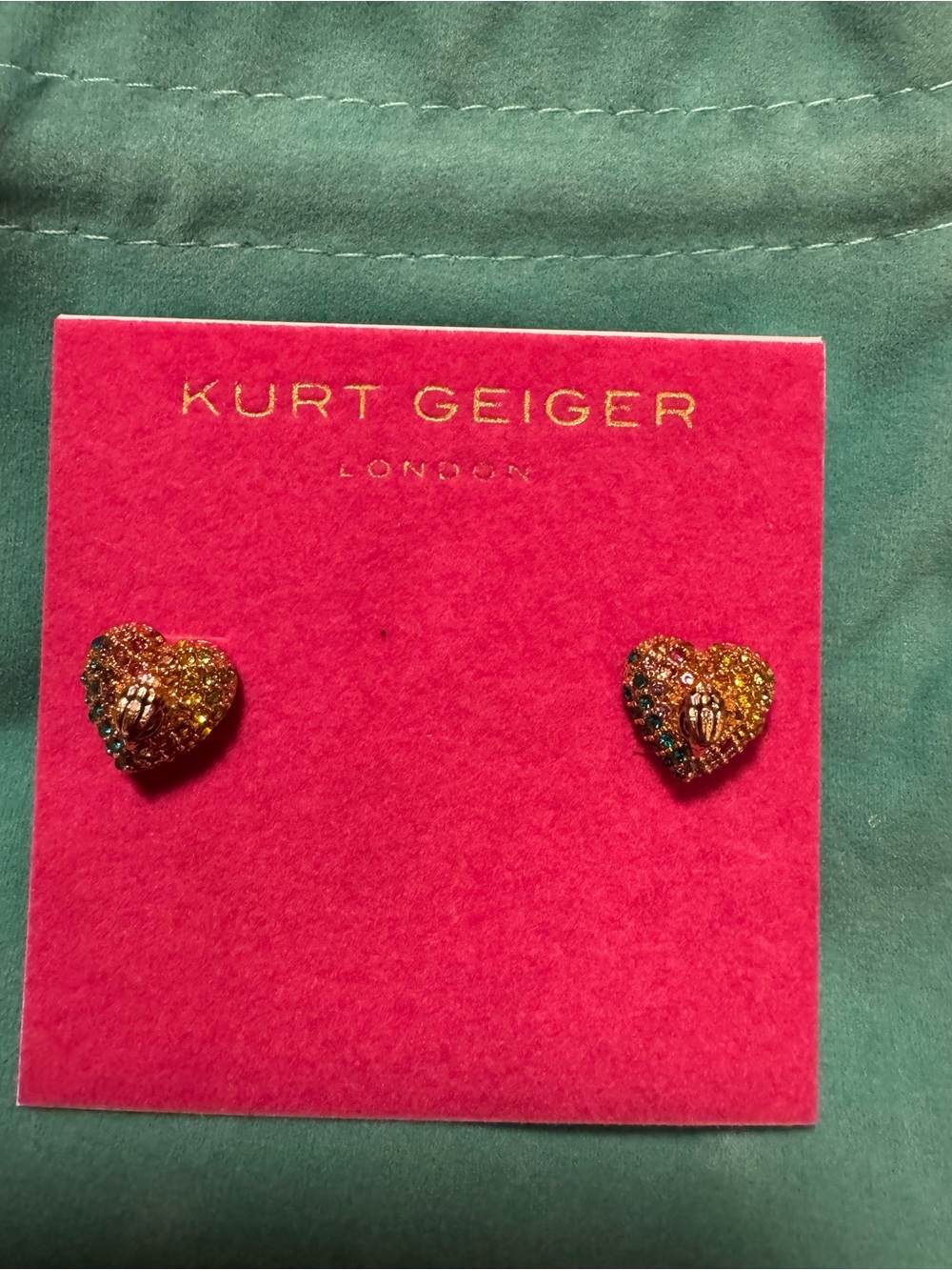 NWT Kurt Geiger Gold Tone Eagle Head Heart Stud Earrings Rainbow Crystal Accents